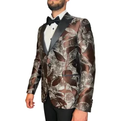 Abstract Floral Design Peak Lapel Tuxedo Jacket - Brown