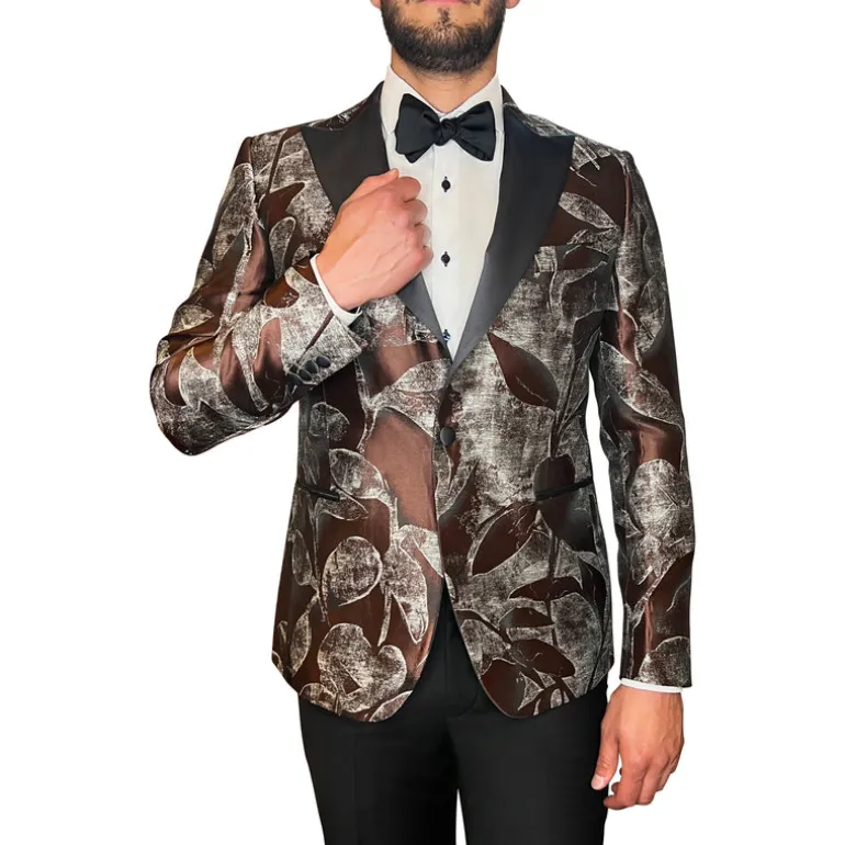 Abstract Floral Design Peak Lapel Tuxedo Jacket - Brown