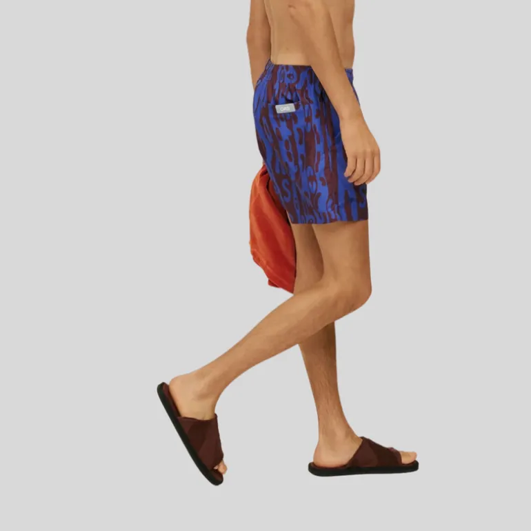 Abstract Logo Design Swim Shorts - Navy/Brown