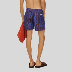 Abstract Logo Design Swim Shorts - Navy/Brown