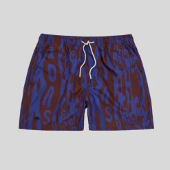 Abstract Logo Design Swim Shorts - Navy/Brown