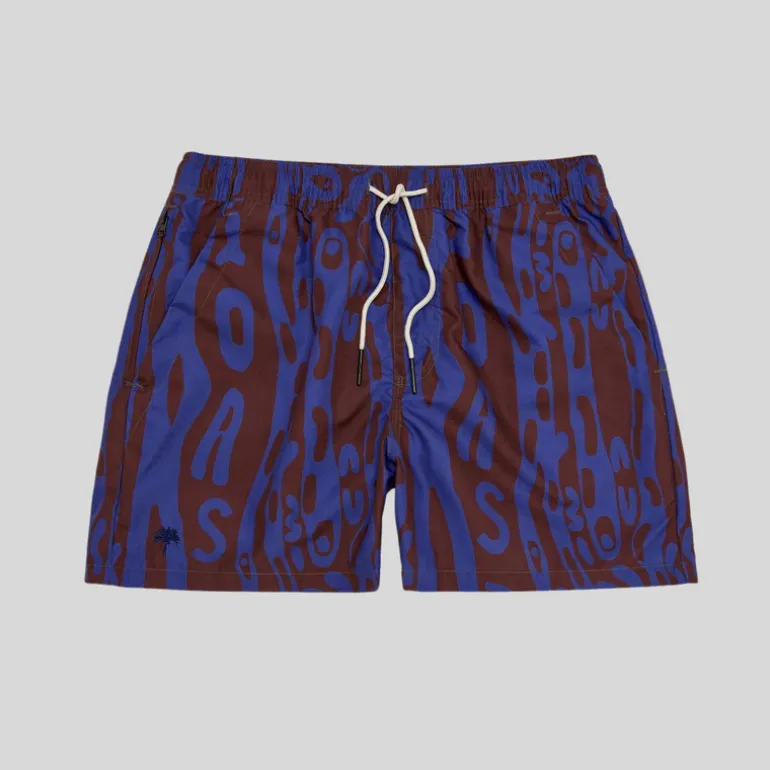 Abstract Logo Design Swim Shorts - Navy/Brown