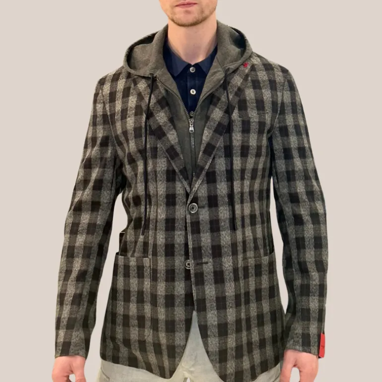Checks Patch Pocket Flannel Hoodie Blazer - Navy
