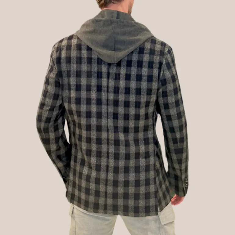 Checks Patch Pocket Flannel Hoodie Blazer - Navy