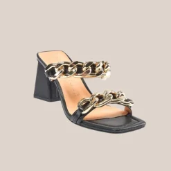 Chunky Heel Chain Straps Leather Sandal - Black