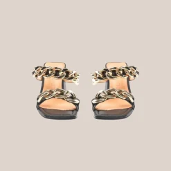 Chunky Heel Chain Straps Leather Sandal - Black