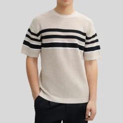 Contrast Stripes Knit T-Shirt - Beige