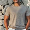 Crew Neck Ribbed Knit Tee - Sand