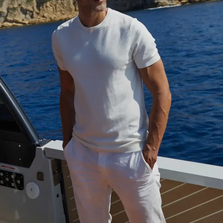 Crew Neck Ribbed Knit Tee - Off-White