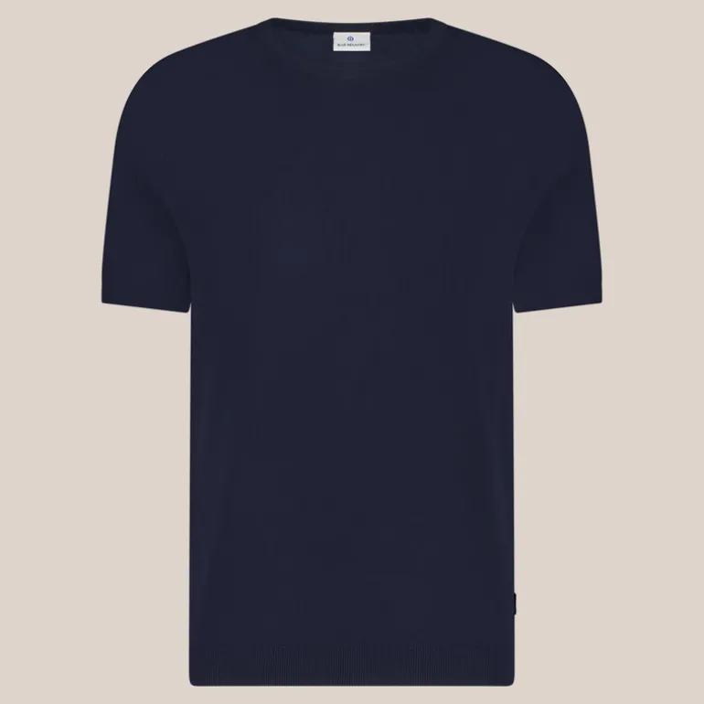 Crew Neck Ribbed Knit Tee - Navy