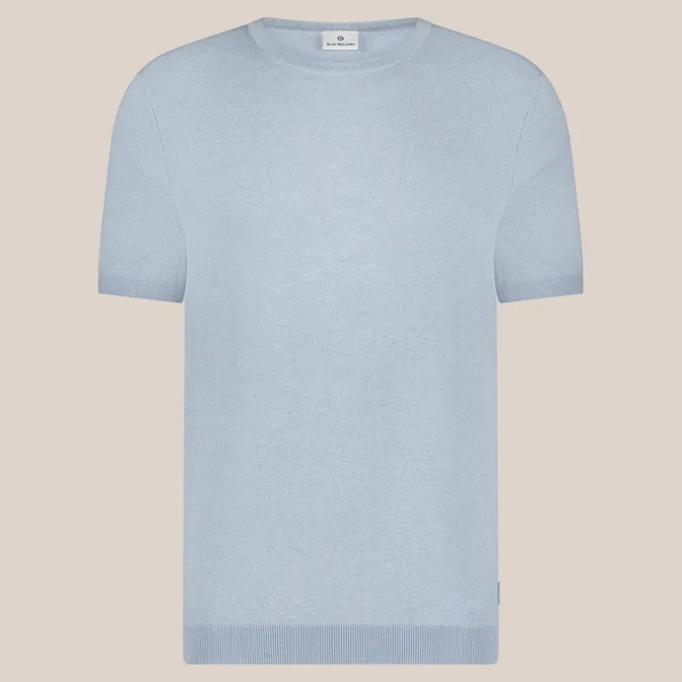 Crew Neck Ribbed Knit Tee - Sky