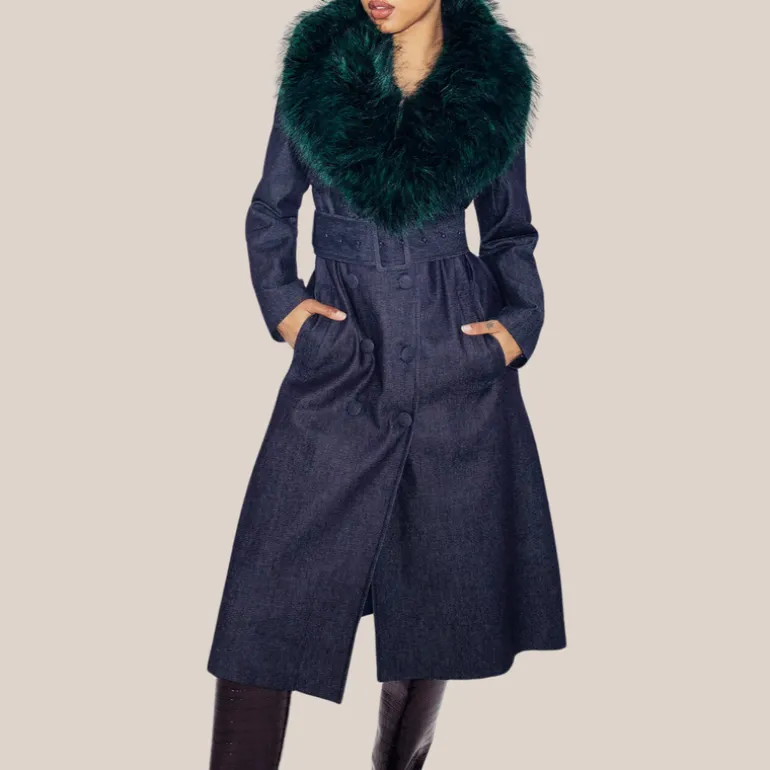 Denim Double Breasted Trench Coat - Dark Navy