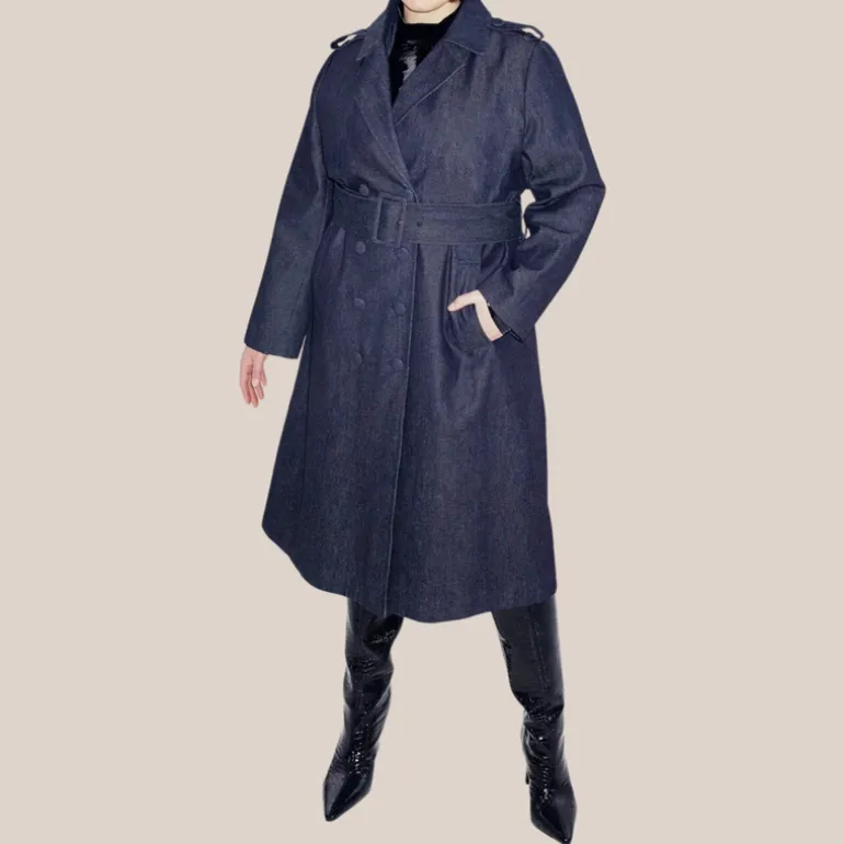 Denim Double Breasted Trench Coat - Dark Navy