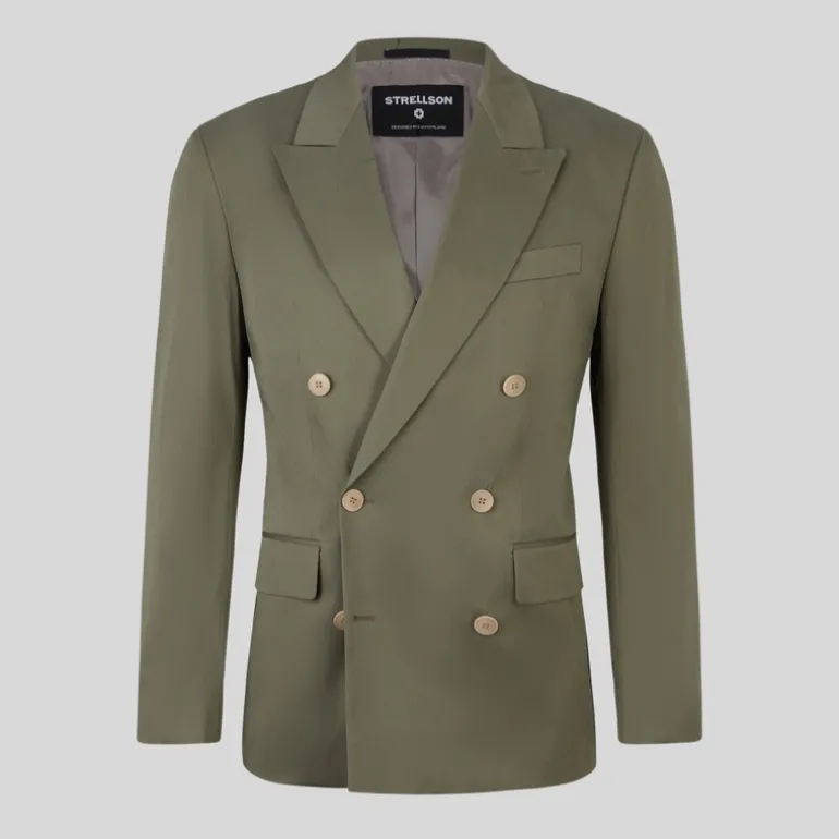 Double Breasted Cotton Stretch Blazer - Olive