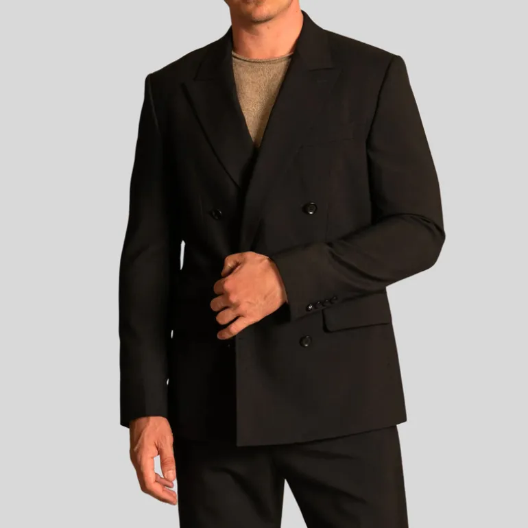 Double Breasted Slim Fit Wool Blazer - Black