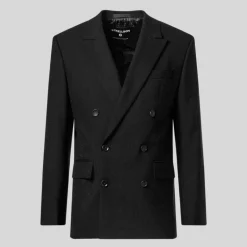 Double Breasted Slim Fit Wool Blazer - Black