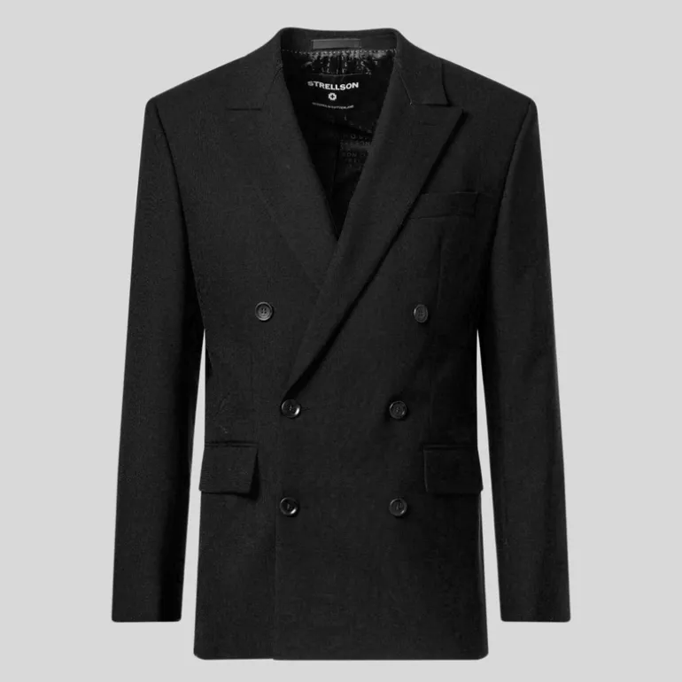 Double Breasted Slim Fit Wool Blazer - Black