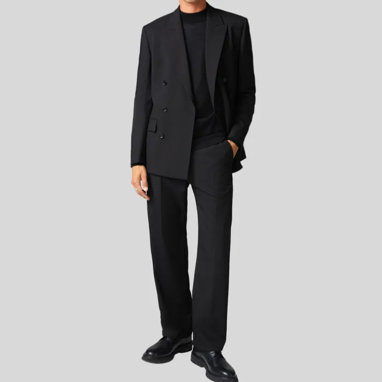 Double Breasted Slim Fit Wool Blazer - Black