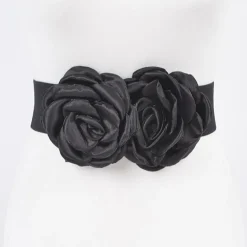 Double Satin Flower Elastic Belt - Black