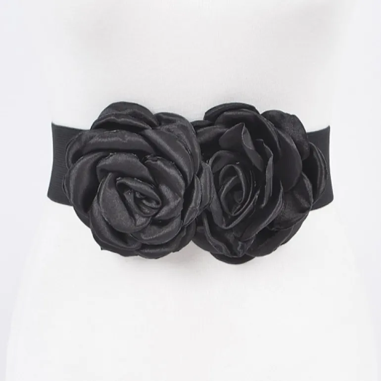 Double Satin Flower Elastic Belt - Black