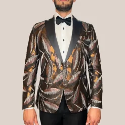 Embroidered Design Peak Lapel Tuxedo Jacket - Brown