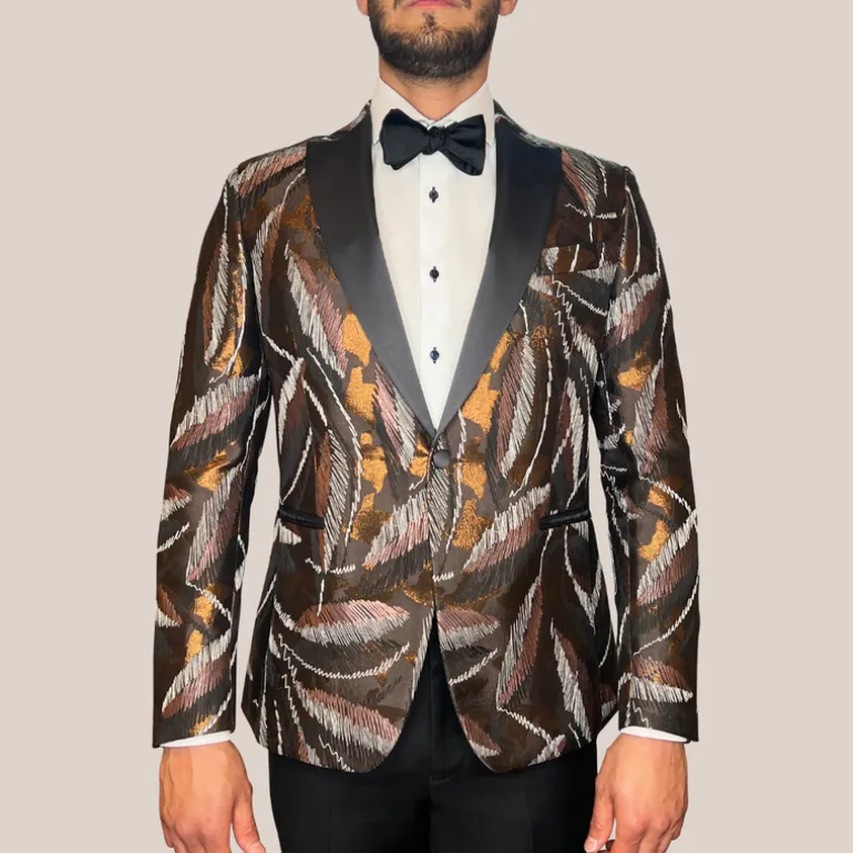 Embroidered Design Peak Lapel Tuxedo Jacket - Brown