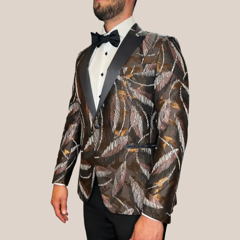 Embroidered Design Peak Lapel Tuxedo Jacket - Brown