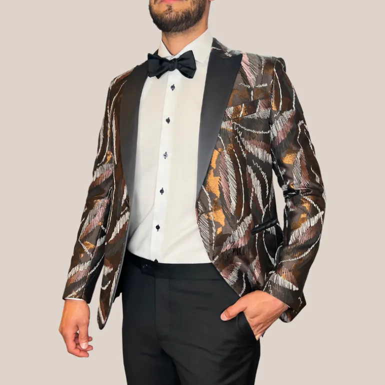 Embroidered Design Peak Lapel Tuxedo Jacket - Brown