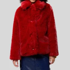 Faux Fur Oversized Collar Jacket - Red