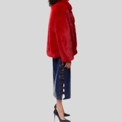 Faux Fur Oversized Collar Jacket - Red
