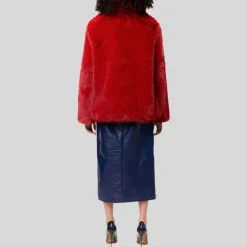 Faux Fur Oversized Collar Jacket - Red