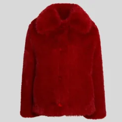 Faux Fur Oversized Collar Jacket - Red