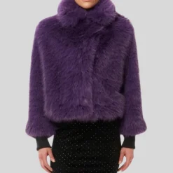 Faux Fur Peak Lapel Crop Jacket - Grape
