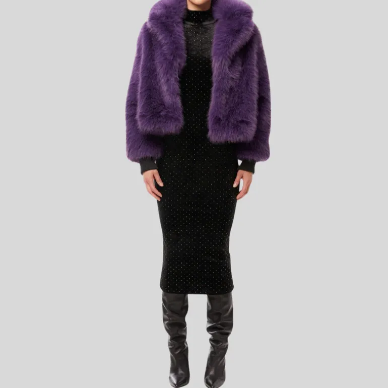 Faux Fur Peak Lapel Crop Jacket - Grape