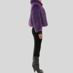Faux Fur Peak Lapel Crop Jacket - Grape