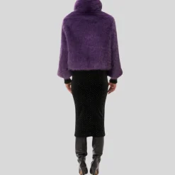 Faux Fur Peak Lapel Crop Jacket - Grape