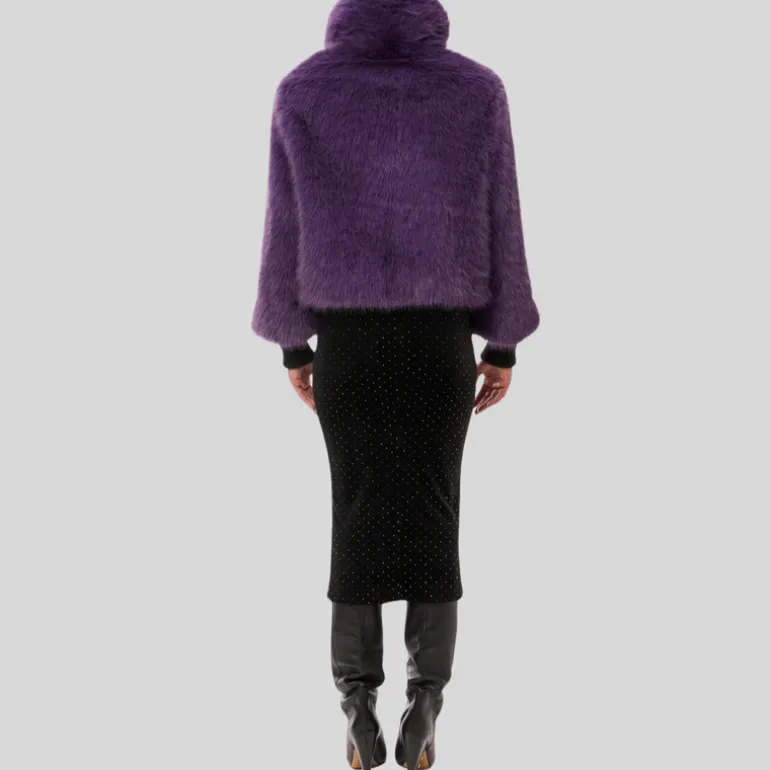 Faux Fur Peak Lapel Crop Jacket - Grape