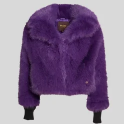 Faux Fur Peak Lapel Crop Jacket - Grape