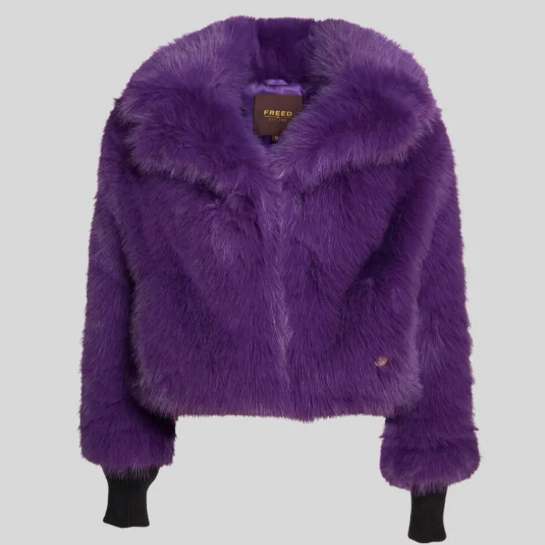 Faux Fur Peak Lapel Crop Jacket - Grape