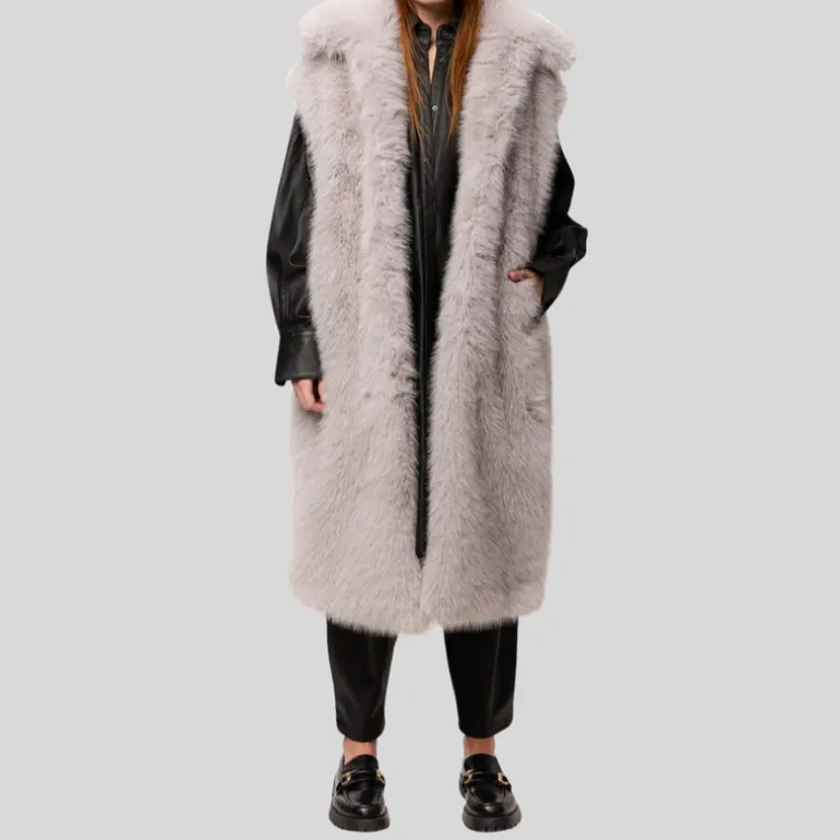 Faux Fur Sleeveless Long Coat - Dove