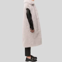 Faux Fur Sleeveless Long Coat - Dove