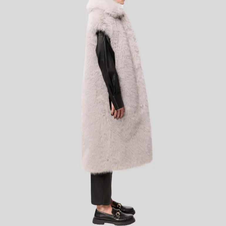 Faux Fur Sleeveless Long Coat - Dove