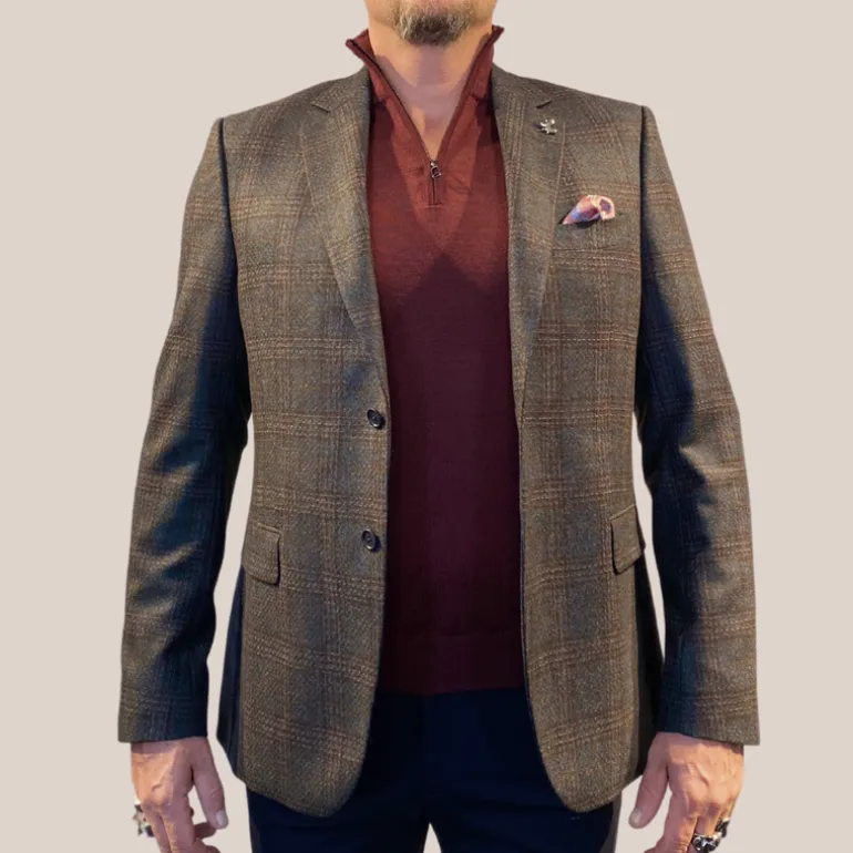 Fragmented Plaid Checks Wool Blazer - Brown/Teal