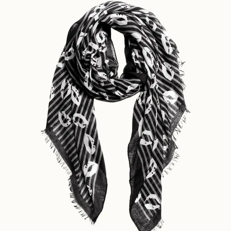 Fringed XOXO Striped Kisses Large Scarf - Black