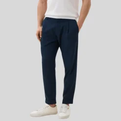 Front Pleat Melange Cuffed Pants - Navy