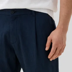 Front Pleat Melange Cuffed Pants - Navy