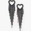 Heart Fringe Rhinestone Earrings - Black