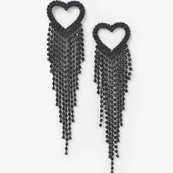 Heart Fringe Rhinestone Earrings - Black