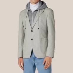 Herringbone Patch Pocket Hoodie Blazer - Grey
