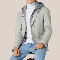 Herringbone Patch Pocket Hoodie Blazer - Grey